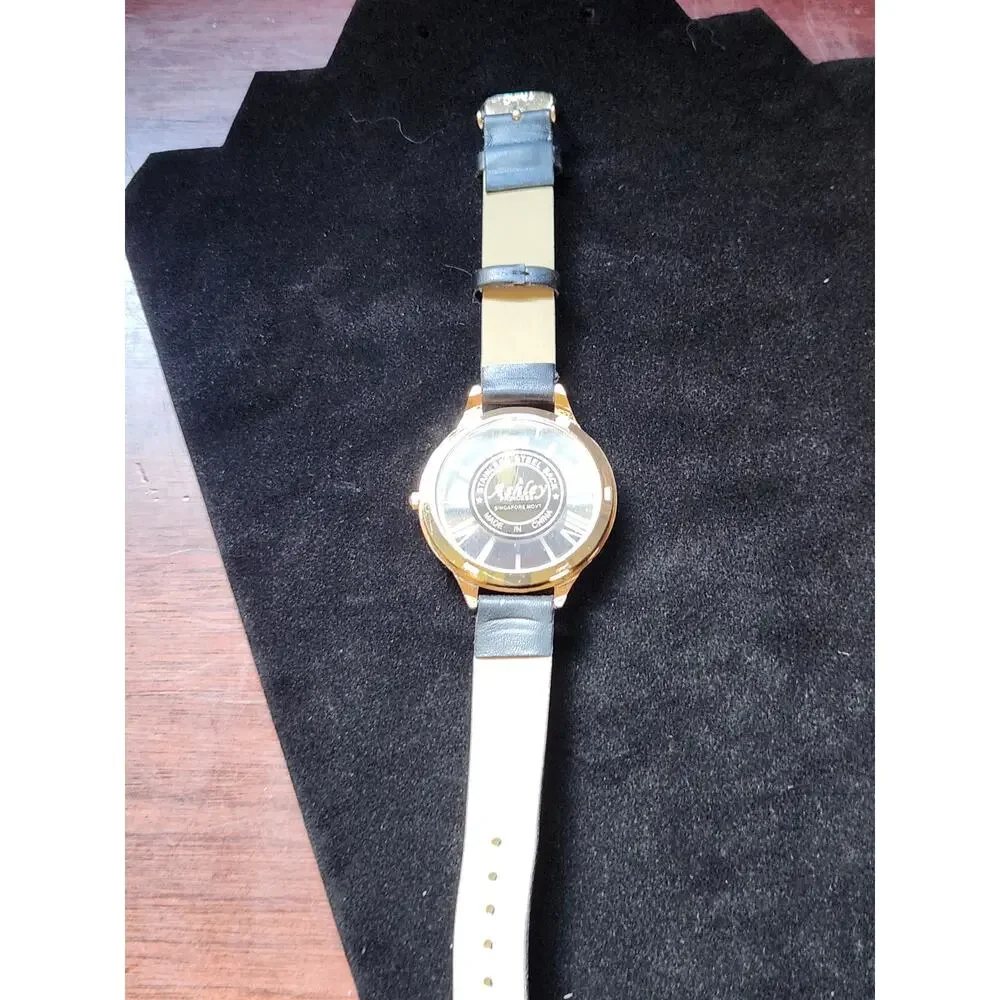 Ashley Princess Gold Tone Watch Rhinestone Bezel Black Dial Leather Strap